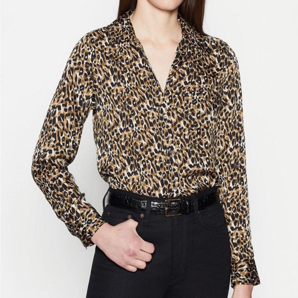 Equipment Femme Brett Button Down in Gris Sables Multi Leopard XXS